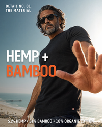 Man wearing UndrDog Midnight black hemp T-shirt made with 51% hemp, 31% bamboo and 18% organic cotton.
