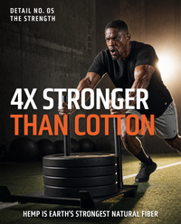 Man training in UndrDog Midnight black hemp T-shirt, highlighting hemp fiber strength and durability over cotton.