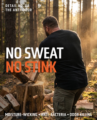 Man chopping wood in UndrDog Midnight black hemp T-shirt, highlighting moisture-wicking, anti-odor and antibacterial fabric.