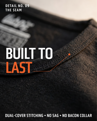 Close-up of UndrDog Midnight black hemp T-shirt collar with dual-cover stitching designed to resist sagging.
