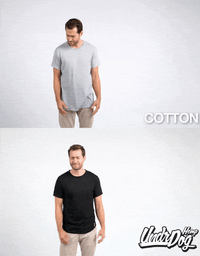 Grey cotton T-shirt and UndrDog Midnight black hemp T-shirt shown on a male model for fit comparison.